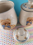 Vintage Tienshan Stoneware Country Bear Canister Cookie Jars Set/2 w/Lids, Like New