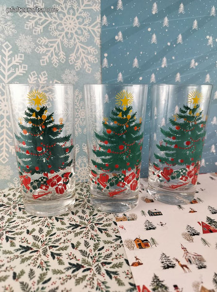 Vintage MCM Christmas Tree Glass Tumblers Set/3, Like New