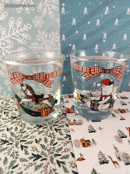 Vintage Anchor Hocking Christmas Toys Glass Short Tumblers Set/2, Like New