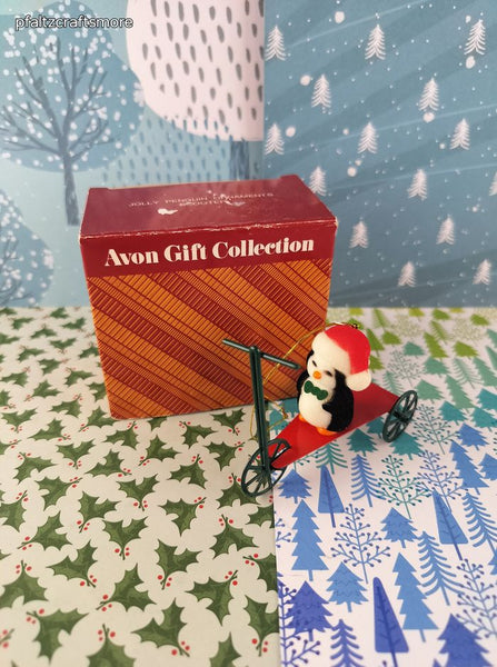Vintage Avon Christmas Jolly Penguin Scooter Ornament Like New in Open Box