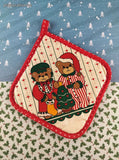 Vintage Christmas Teddy Bear Cotton Fabric Oven Mitt Pot Holder, Nice & Clean