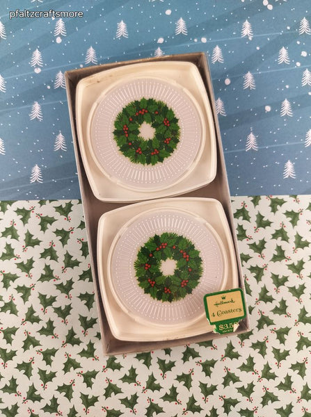 Vintage Hallmark Cards Christmas Holly Wreath Plastic Coaster Set, Open Box