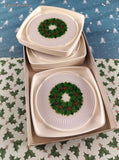 Vintage Hallmark Cards Christmas Holly Wreath Plastic Coaster Set, Open Box