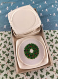 Vintage Hallmark Cards Christmas Holly Wreath Plastic Coaster Set, Open Box