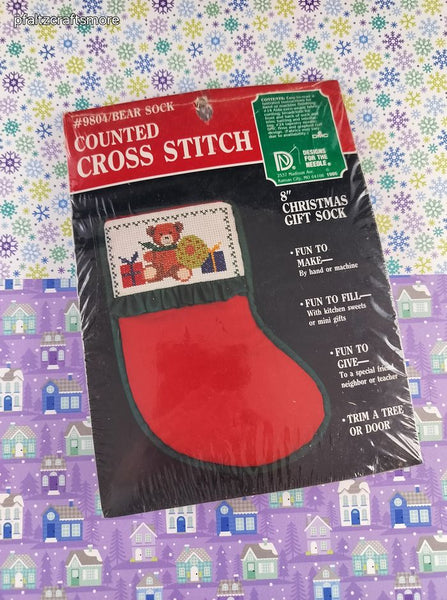 Vintage 1986 Christmas Bear Sock #9804 Designs for the Needle Counted Cross Stitch Kit NEW