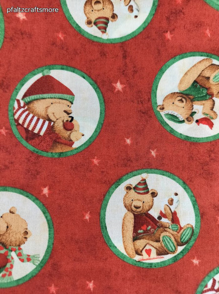 Vintage Christmas Teddy Bears Wildlife Teresa Kogut Fabric Remnant, 2 yd x 44" W, Clean
