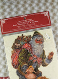 Vintage Christmas Die-Cut and Glitter Green Santa & Child w/Envelope SEALED