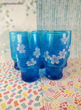 Vintage MCM Capri Turquoise Blue Glass Tumblers White Flowers Signed Pat Au Set/5