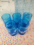 Vintage MCM Capri Turquoise Blue Glass Tumblers White Flowers Signed Pat Au Set/5
