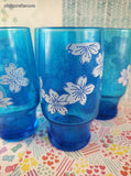 Vintage MCM Capri Turquoise Blue Glass Tumblers White Flowers Signed Pat Au Set/5