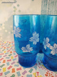 Vintage MCM Capri Turquoise Blue Glass Tumblers White Flowers Signed Pat Au Set/5