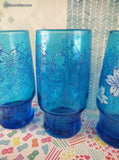Vintage MCM Capri Turquoise Blue Glass Tumblers White Flowers Signed Pat Au Set/5