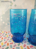 Vintage MCM Capri Turquoise Blue Glass Tumblers White Flowers Signed Pat Au Set/5
