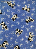 Vintage Moo Cows & Moons Blue White Fabric Remnant, 2 yd x 44" W, CLEAN