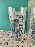 Vintage Currier & Ives Old Grist Mill Frosted Glass Tumblers Set/2, Like New