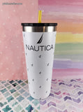 Nautica Stainless Steel Tumbler Travel Mug White All Over Anchor 24oz Black Lid