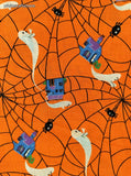 Vintage Halloween Spooky Ghosts Haunted Mansion Orange Fabric Remnant, 1 yd x 44" W, Clean