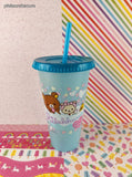 2025 Round 1 Exclusive Rilakkuma Teddy Blue Bathtime Plastic Tumbler w/Straw, Like New