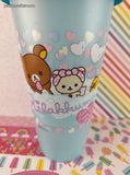 2025 Round 1 Exclusive Rilakkuma Teddy Blue Bathtime Plastic Tumbler w/Straw, Like New