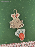 Vintage Soft Fabric Flat Bunny Rabbit w/Carrot Christmas Ornament, Clean