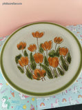 Vintage MCM Meadowbrook Stoneware Orange Tulips JAPAN Dinner Plates Set/2, 10.75"