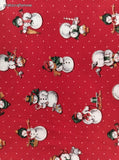 Vintage Christmas Festive Cute Lil' Snowmen Fabric Remnant, 18"x21", Clean