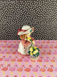 Vintage Enesco Cute as a Button Girl w/Garden Hat & Flowers Figurine