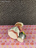 Vintage Enesco Cute as a Button Girl w/Garden Hat & Flowers Figurine