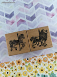 Vintage 1988 PSX C766 + D232 Carousel Animals Horse Lion Wooden Block/Rubber Stamps Set/2