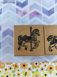 Vintage 1988 PSX C766 + D232 Carousel Animals Horse Lion Wooden Block/Rubber Stamps Set/2