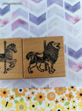 Vintage 1988 PSX C766 + D232 Carousel Animals Horse Lion Wooden Block/Rubber Stamps Set/2