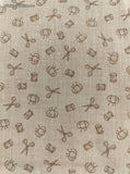 Vintage Cranston V.I.P. Print Sewing Notion Theme Light Brown Fabric Remnant, 1-1/2 yd x 45" W