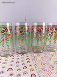 Vintage MCM Red & Orange Floral w/Green Ivy Glass Tumblers Set/4, CLEAN