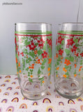 Vintage MCM Red & Orange Floral w/Green Ivy Glass Tumblers Set/4, CLEAN