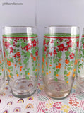 Vintage MCM Red & Orange Floral w/Green Ivy Glass Tumblers Set/4, CLEAN