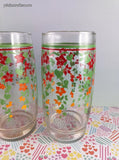 Vintage MCM Red & Orange Floral w/Green Ivy Glass Tumblers Set/4, CLEAN