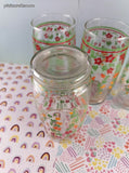 Vintage MCM Red & Orange Floral w/Green Ivy Glass Tumblers Set/4, CLEAN