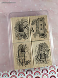 Vintage 2003 Stampin' Up! Covered Bridges Set/4 Stamps w/Plastic Storage Case
