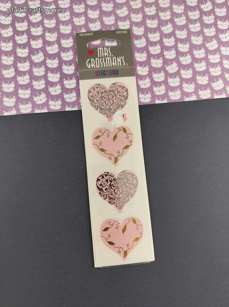Vintage Mrs. Grossman's Stickers, SHINY "Pink & Silver Hearts", 2 Sheets New / Sealed