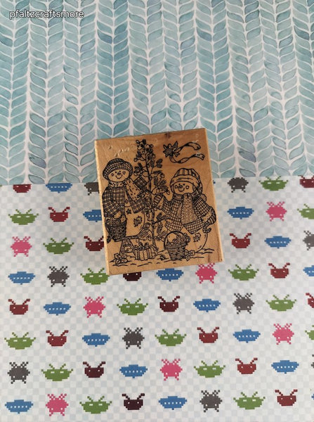 Vintage Christmas Wintry Snowkids Snowmen w/Tree Wooden Block/Rubber Stamp