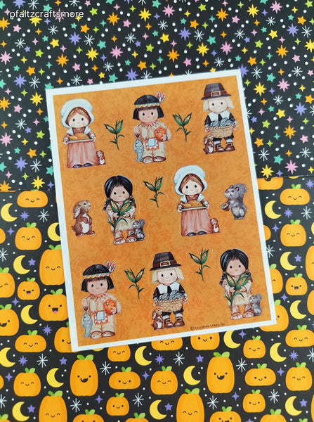 Vintage Thanksgiving Pilgrims Nature Full Sticker Sheet Hallmark Cards, 4.5" x 6" Unused
