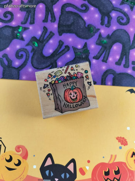 Vintage 1997 Hero Arts Fall Festive Happy Halloween Candy Treat Bag Wooden Block/Rubber Stamp