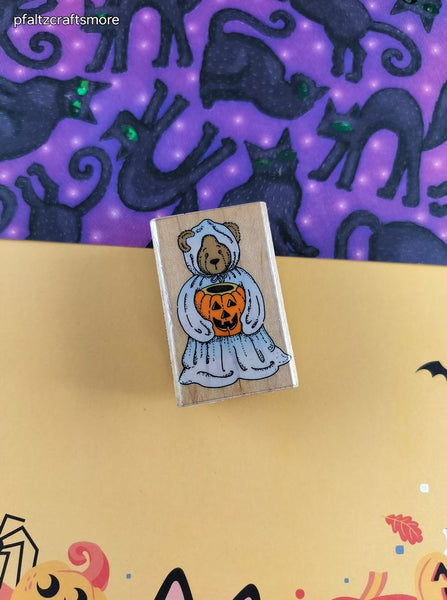 Vintage 1994 Hero Arts Fall Festive Teddy Trick-or-Treater D965 Wooden Block/Rubber Stamp