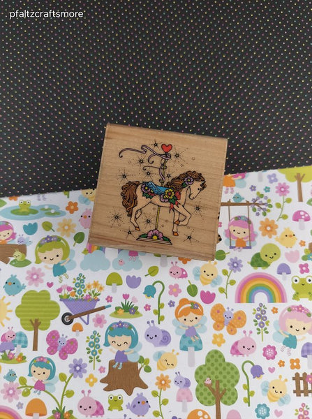 Vintage 1993 Hero Arts Floral Carousel Filly Horse F396 Wooden Block/Rubber Stamp