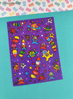 Vintage Lisa Frank Purple Rainbow Outer Space Rockets Full Sticker Sheet #S122