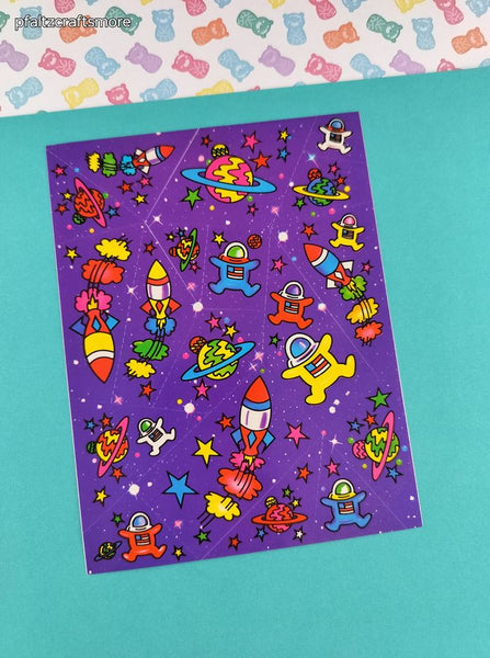 Vintage Lisa Frank Purple Rainbow Outer Space Rockets Full Sticker Sheet #S122