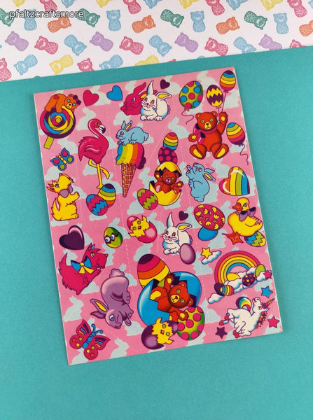 Vintage Lisa Frank Spring Easter Bunnies Chicks Rainbow Eggs Full Sticker Sheet #S136