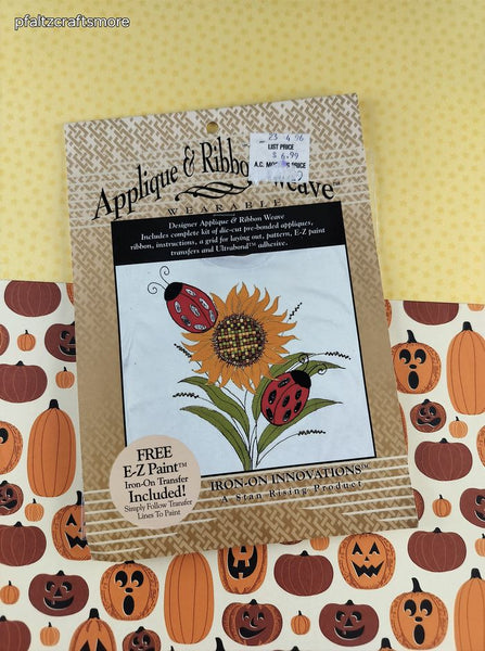 Vintage 1996 Fall Autumn Sunflower Ladybugs Applique & Ribbon Weave Iron-On Innovations NEW SEALED