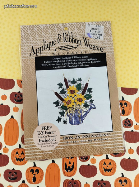 Vintage 1996 Fall Autumn Watering Can Applique & Ribbon Weave Iron-On Innovations NEW SEALED
