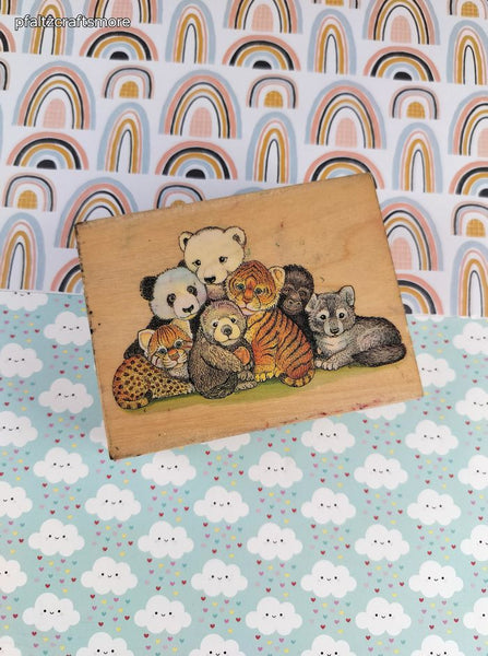 Vintage 1993 All Night Media Wildlife Babies Wooden Block/Rubber Stamp